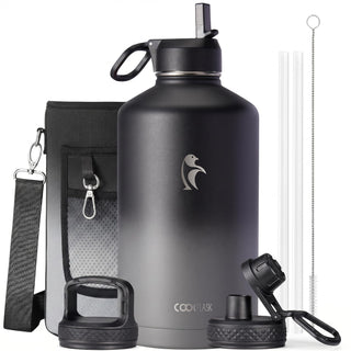 Water Bottle 40 oz Insulated with Straw&Brush, Coolflask Vaccum Stainless Steel Metal 3 Lids Water Flask for Sports, Gym or Office, Keep Cold 48H Hot 24H, Magic Black