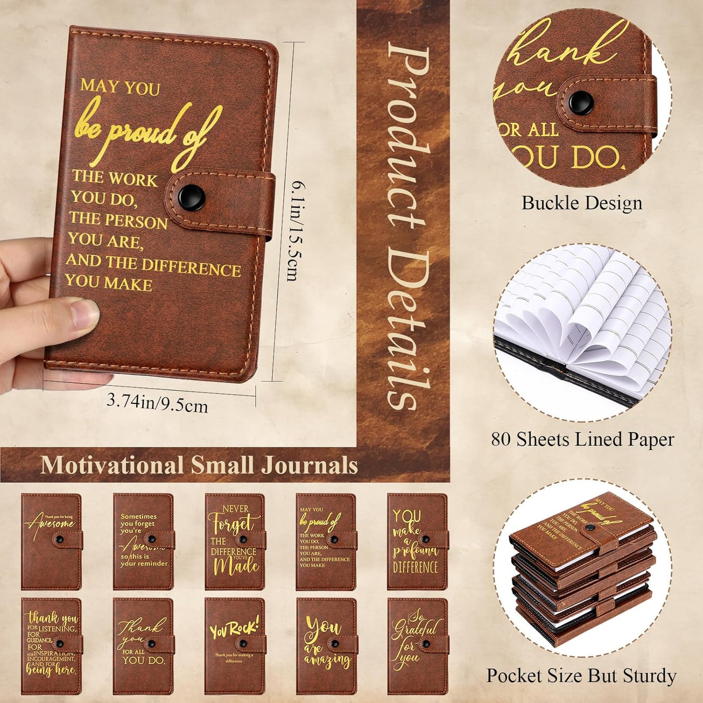 Dispowreath 10 Sets Thank You Leather Journal Bulk Fathers Day Coworkers Gift Inspirational Notebook with Bamboo Pen CNA Week Gift Appreciation Notepad for Employee Teacher Nurse Staff (Dark Brown)