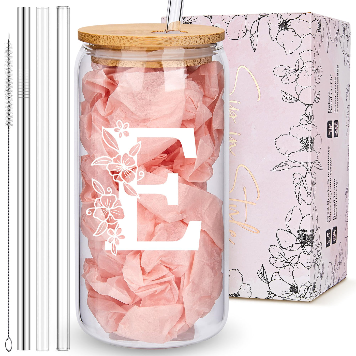 Personalized Tumbler, Monogrammed Can Glass Cups with Bamboo Lids and Straws, Customized Gifts for Women, Cute Design Initial Iced Coffee glasses, Custom Letter Mug, Birthday Bridesmaid, W