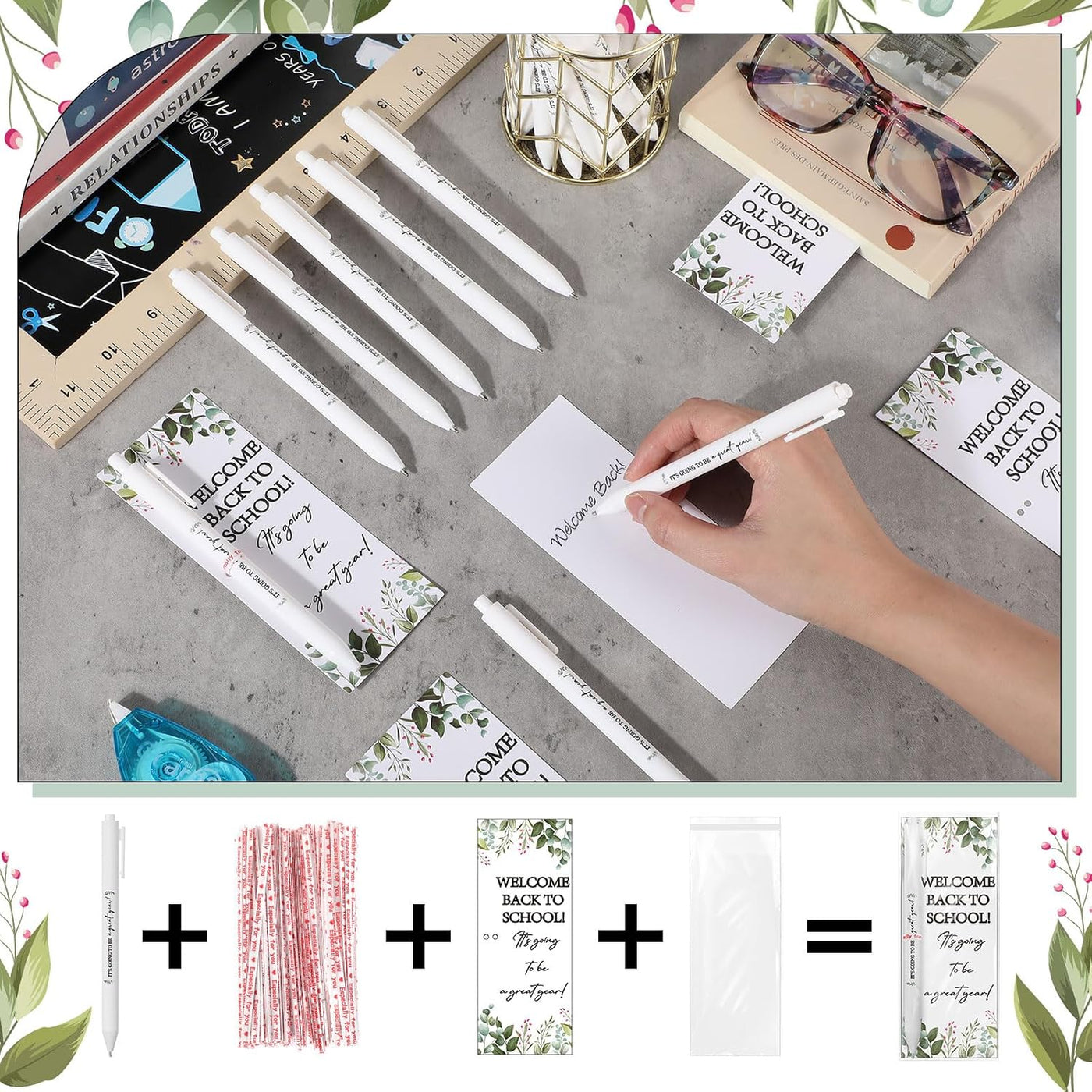 Dunzoom 50 Sets Welcome Back to School Gifts Include Greeting Cards and Inspirational Ballpoint Pens First Day of School Stationery Set for Teachers Students Reward Supplies(Paper,Classic Style)