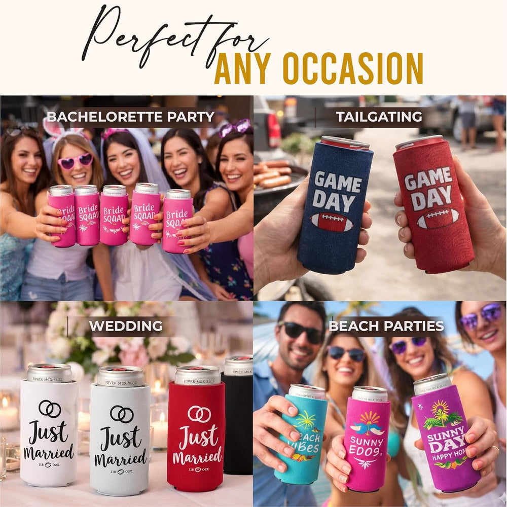 Slim Can Cooler Sleeves 12 Pack– Blank Foldable Neoprene 12oz Can Insulators – Skinny Beverage Coolers for Beer & Soda – Sublimation-Ready (Assorted)