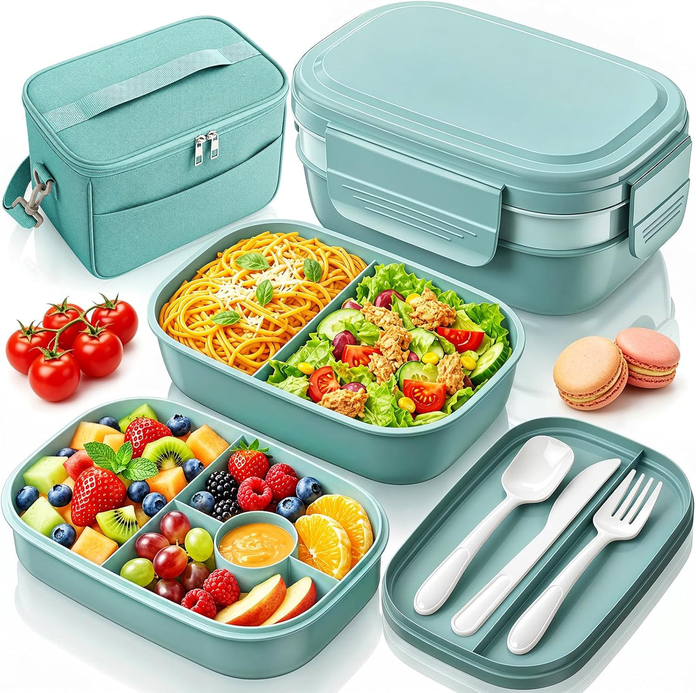 HOMETALL Bento Box Adult with Insulated Lunch Bag - 3 Stackable Leak-Proof Lunch Box Containers for Women & Men - BPA Free Lunchbox with Utensil Set (Spoon, Knife, Fork) for Work, Picnic, Dining Out