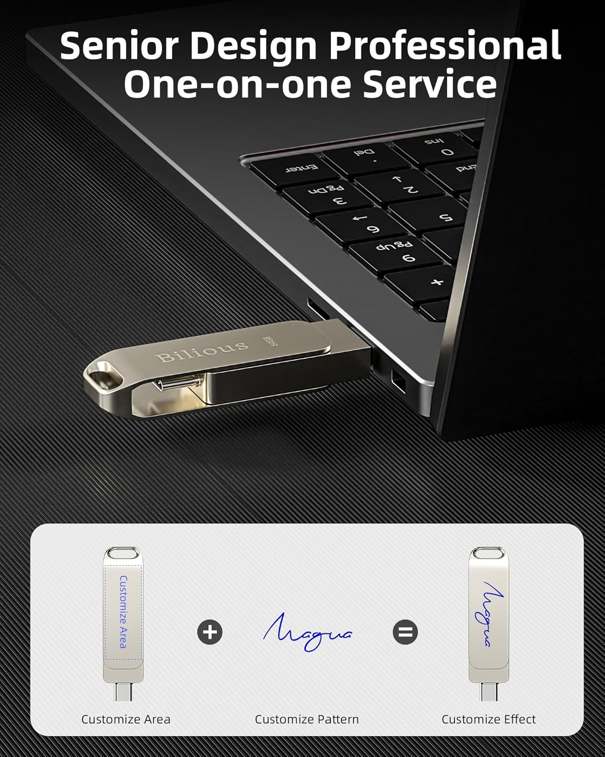 Bilious Custom Personalized USB C Flash Drive 32GB/64GB/128GB/256GB, Metal 360° Rotation Style USB 3.0 Thumb Drive, 2 in 1 Dual Portable Memory Stick, Waterproof Jump Drive