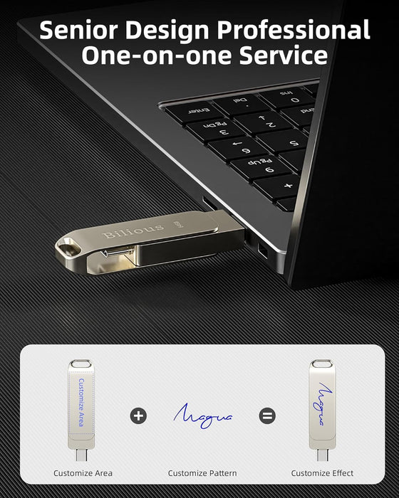 Bilious Custom Personalized USB C Flash Drive 32GB/64GB/128GB/256GB, Metal 360° Rotation Style USB 3.0 Thumb Drive, 2 in 1 Dual Portable Memory Stick, Waterproof Jump Drive - hover image