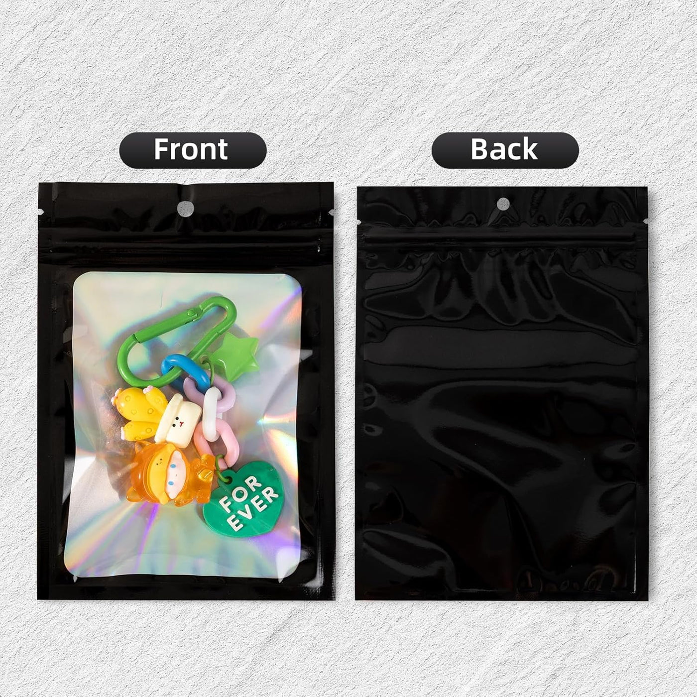 50Pcs Black Holographic Mylar Bags, 5.5x7.8 inch Resealable Foil Zipper Pouches for Gummies, Party Favors, Small Business Packaging