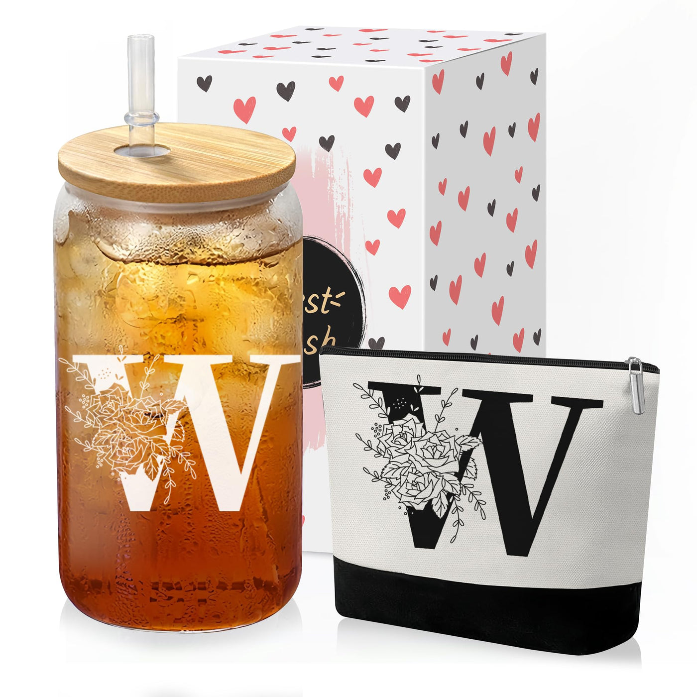 Custom Glass Cup & Makeup Bag Set - Personalized Gifts for Women, Initial 16 oz Glass Tumbler with Lid & Straw, Monogram Makeup Bag - Birthday Gifts For Women, Mother's Day Presents(S)