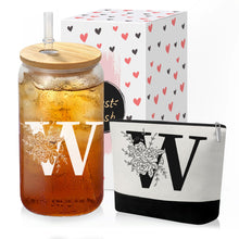 Custom Glass Cup & Makeup Bag Set - Personalized Gifts for Women, Initial 16 oz Glass Tumbler with Lid & Straw, Monogram Makeup Bag - Birthday Gifts For Women, Mother's Day Presents(S)