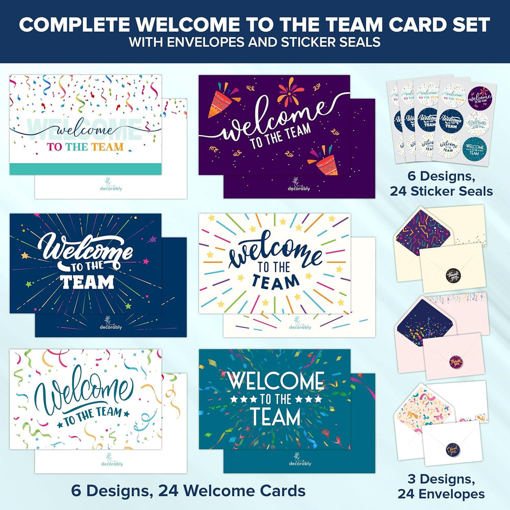 Decorably 24 Pack 6x4in Welcome to the Team Cards for New Employees with Envelopes and Stickers, 6 Festive Designs for Colleagues, Onboarded Staff, Crew, Blank Inside - Business, Gifting, Mailing