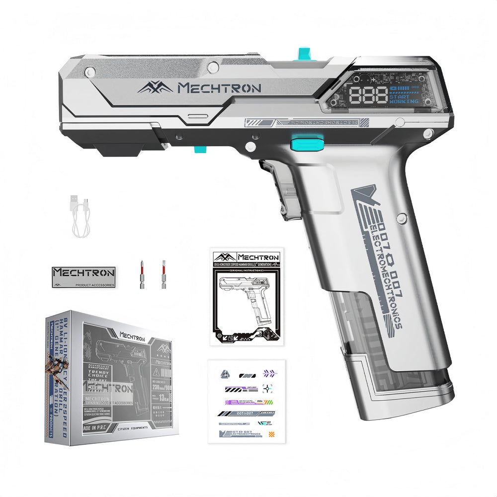 Cyberpunk Gun-Shaped AI Smart 8V Dual-Speed Hammer Drill, Cool Gadget Gifts for Men, Boyfriend, Husband, Dad, Boss, Gamers, Tech Lovers (Silver, 8-Piece Accessory Kit)