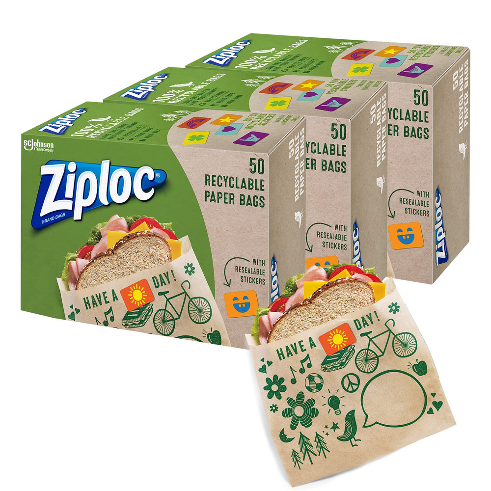 Ziploc Paper Sandwich and Snack Bags, Recyclable & Sealable with Fun Designs, 50 Bags Total