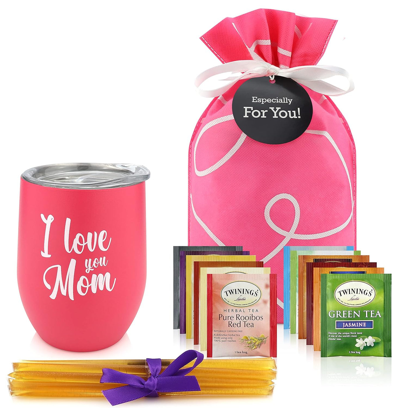 Tea and Coffee Lovers Gift Set - Includes Temperature Retention Cup, 3 Fresh Roasted Full Pot Ground-Coffee Samplers, 6 Special Blend Teabags & Honey Presented in Beautiful Gift Bag For Women & Men