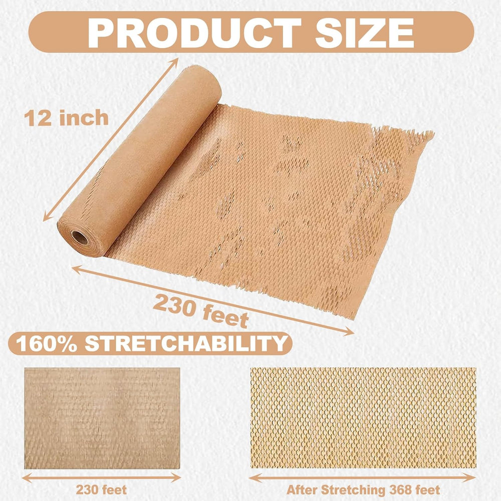 Honeycomb Packing Paper 12" x 230' (70m) with Fragile Stickers, Plastic-Free Recyclable Kraft Cushioning Wrap, Bubble Wrap Alternative for Shipping Moving and Fragile Item Packaging