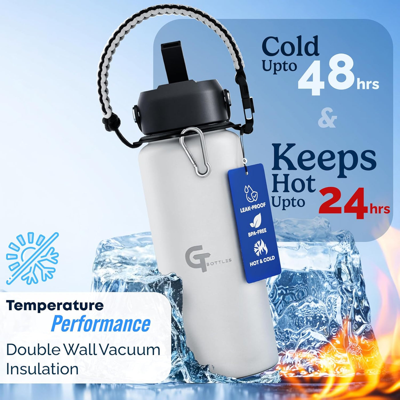 32oz Insulated Stainless Steel Water Bottle with 3 Lids & Paracord Handle – Leakproof Wide Mouth Metal Sports Bottle for Gym, School & Travel (White, 32oz)