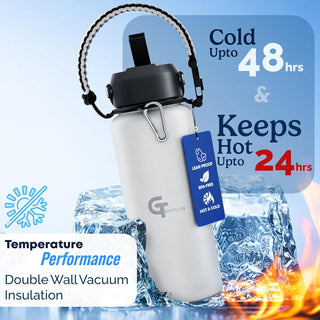 32oz Insulated Stainless Steel Water Bottle with 3 Lids & Paracord Handle – Leakproof Wide Mouth Metal Sports Bottle for Gym, School & Travel (White, 32oz)
