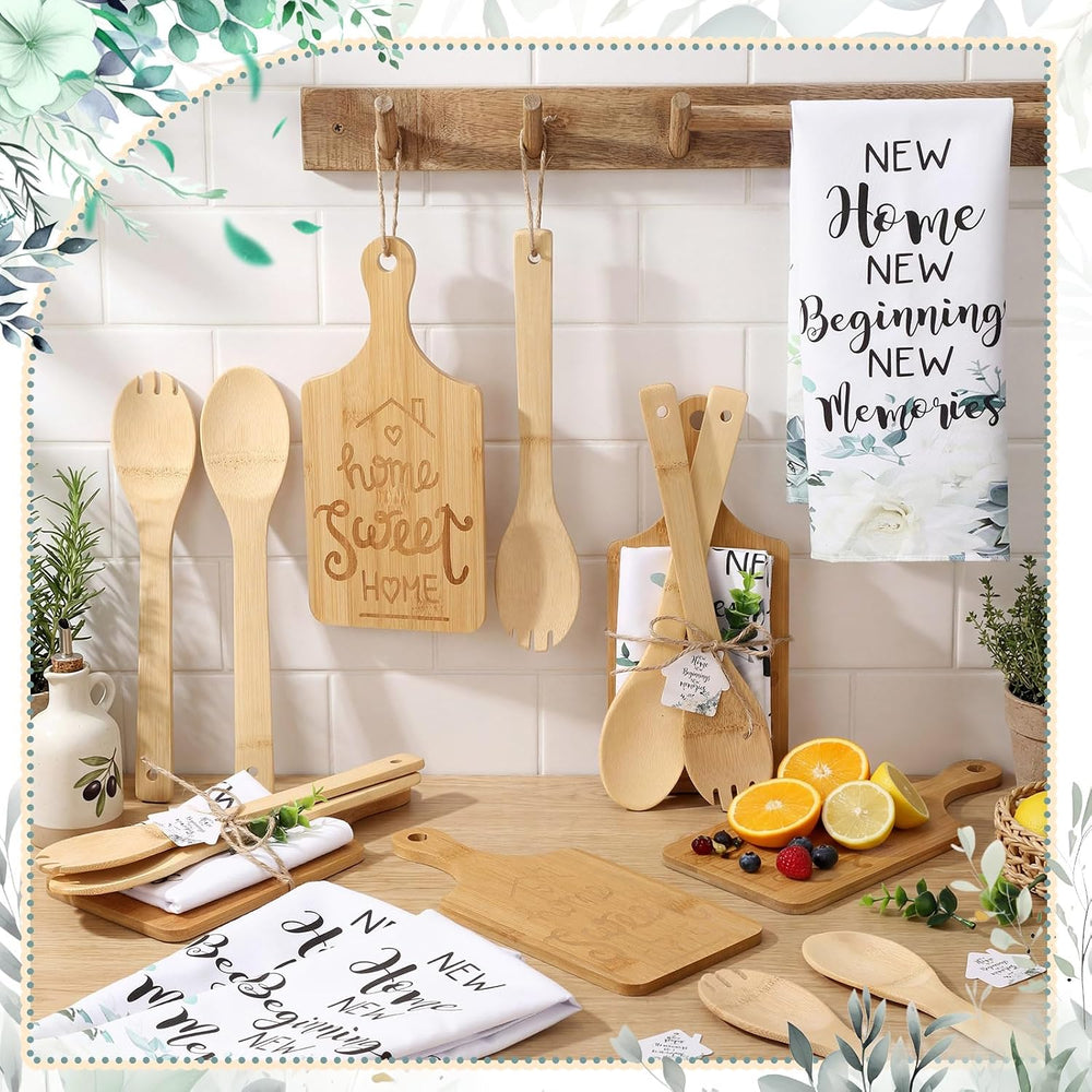Geelin 31 Pcs Housewarming Gifts Bulk Engraved Cutting Board New Home Beginning Kitchen Towels Cards Bamboo Spoons House Warming Gift Set for Homeowner Neighbor Couple Apartment Kitchen (Rectangle)