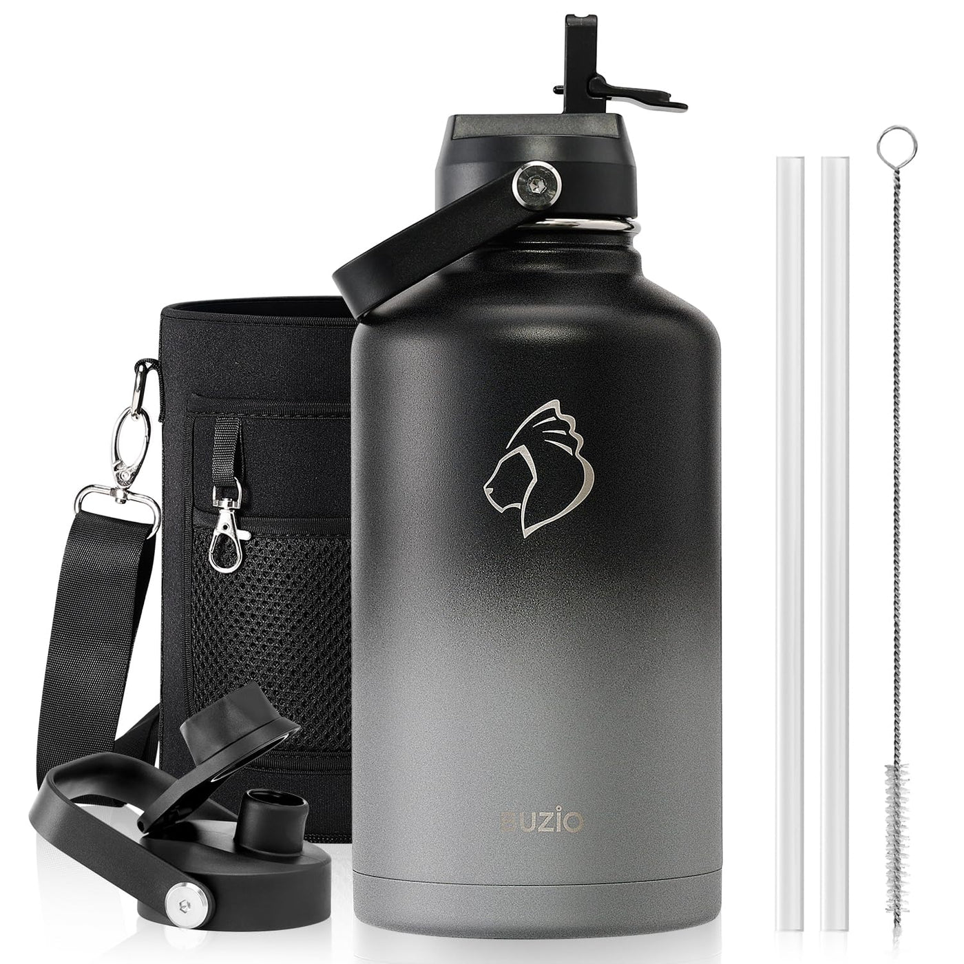 BUZIO 40oz Insulated Water Bottle, Triple Wall Vacuum Stainless Steel Water Flask with 2 lids, Lead-Free BPA-Free Straw Lid Sports Canteen Jug, Cold 48H & Hot 24H- Black