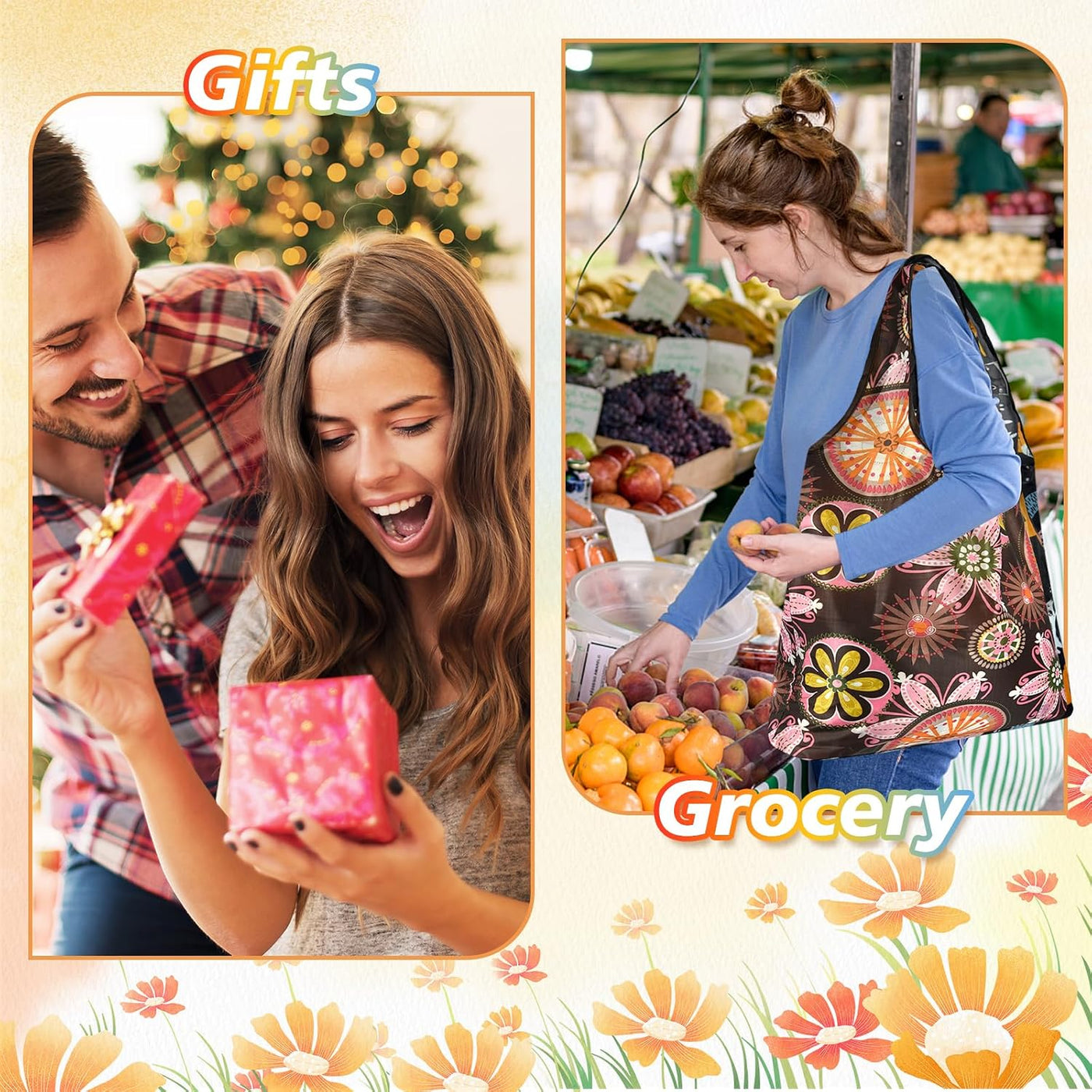 MIAHART Reusable Grocery Bags Foldable Groceries Shopping Bags Foldable Cute Tote Bags Fashion Bags Waterproof Nylon Grocery Bags (Flower Style)
