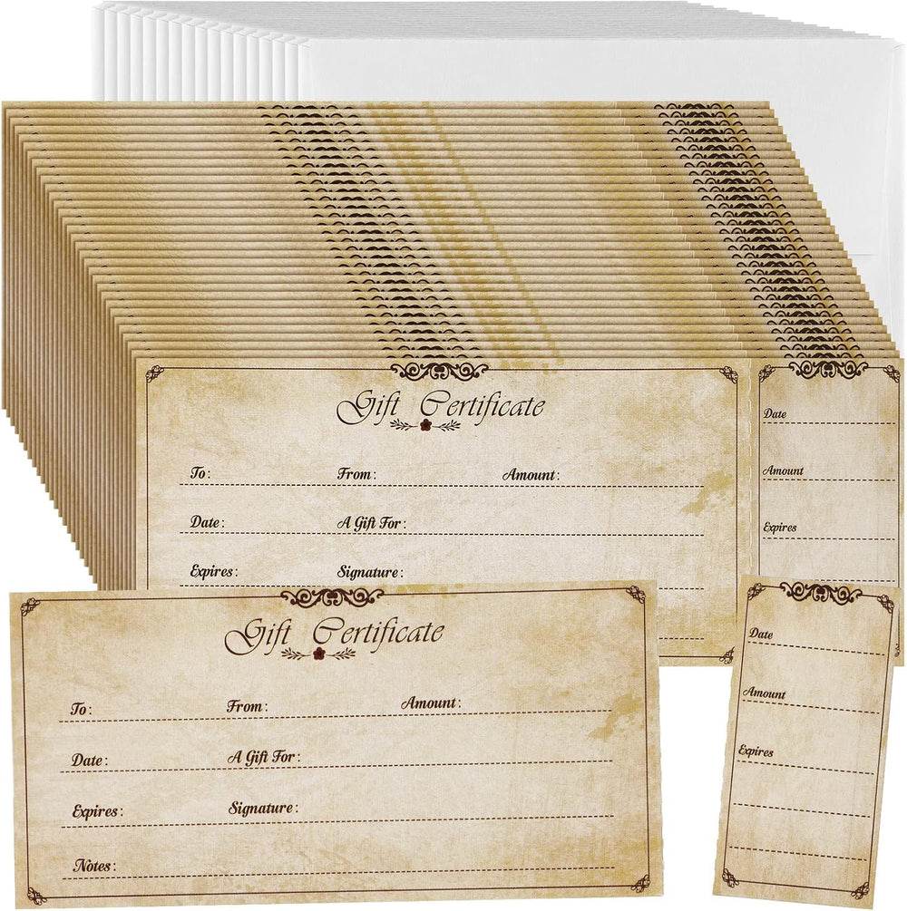 Nuanchu 100 Sets Gift Certificates for Business Christmas Blank Gift Certificate Cards Vouchers Coupon Card with 100 Envelopes for Salon Spa Restaurants Birthday, 4.7 x 2.4 in (Wood Color,Classic)