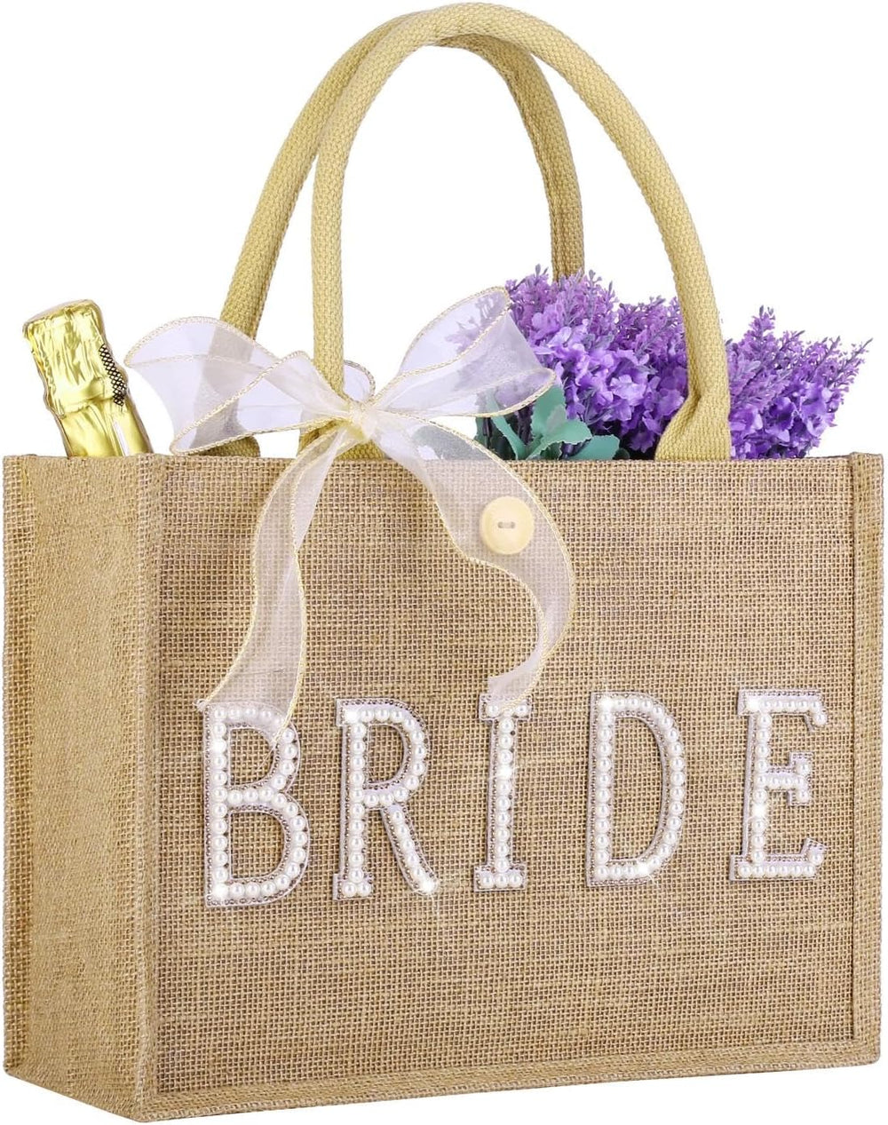 Bride Tote Bag Large Jute Tote Natural Wedding Shower Gift Bag with Gold Diamond &Ribbon Bridal Gifts for Bride to Be, Future Mrs, Engagement, Bachelorette Party Gift（Gold Outline）