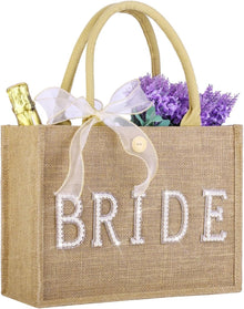 Bride Tote Bag Large Jute Tote Natural Wedding Shower Gift Bag with Gold Diamond &Ribbon Bridal Gifts for Bride to Be, Future Mrs, Engagement, Bachelorette Party Gift（Gold Outline）