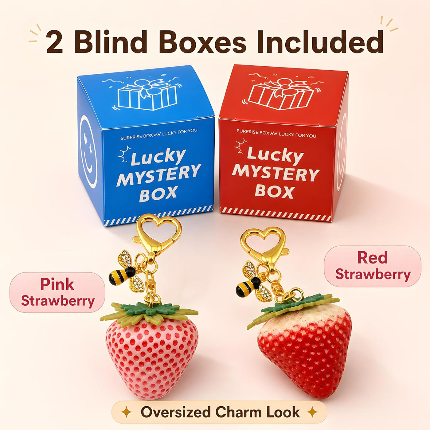 2 Pack Strawberry Bag Charm Lucky Mystery Box, Cute Fruit Blind Box Keychain Set Surprise Gift for Women Girls, Big Strawberry with Bee Pendant with 2 Surprise Boxes(Red & Pink)
