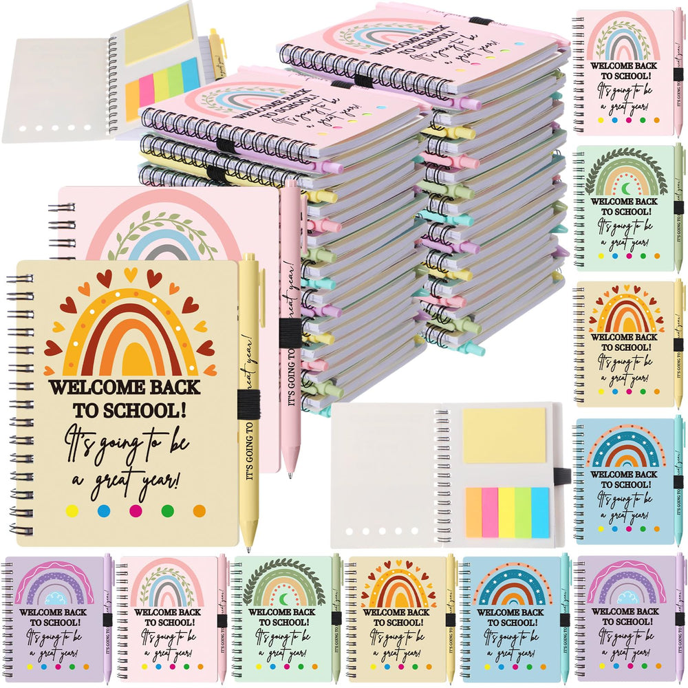 Dunzoom 40 Pcs Welcome Back to School Gifts Bulk Spiral Notebooks with Sticky Notes Motivational Pens First Day of School Notepads Party Favor for Teacher Student Classroom(Terrazzo Tones,Multicolor)