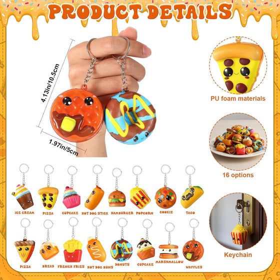 16 Pcs Squeeze Keychains Gifts Bulk, Cute Slow Rise Stress Hamburger Popcorn Taco Ice Cream Pizza Smore Kawaii Food Keychains for Birthday Party Favors - hover image
