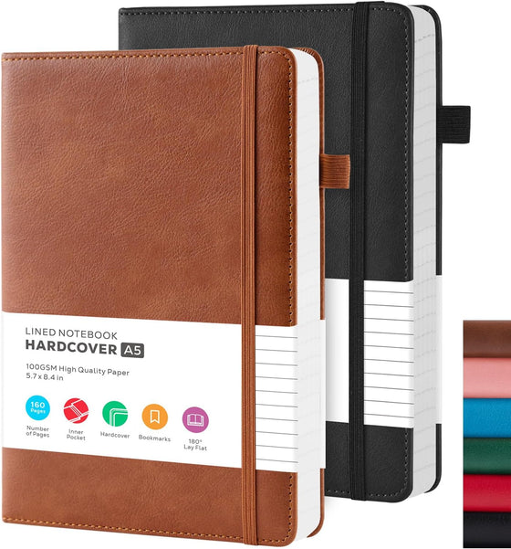 Lined Journal Notebook, A5 (5.7'' x 8.4"), 2 Pack Journaling Notebooks for Women Men Writing Work, Leather Hardcover, 160 Pages per Note Book, 100GSM Thick Paper, School Office Supplies, Black & Brown