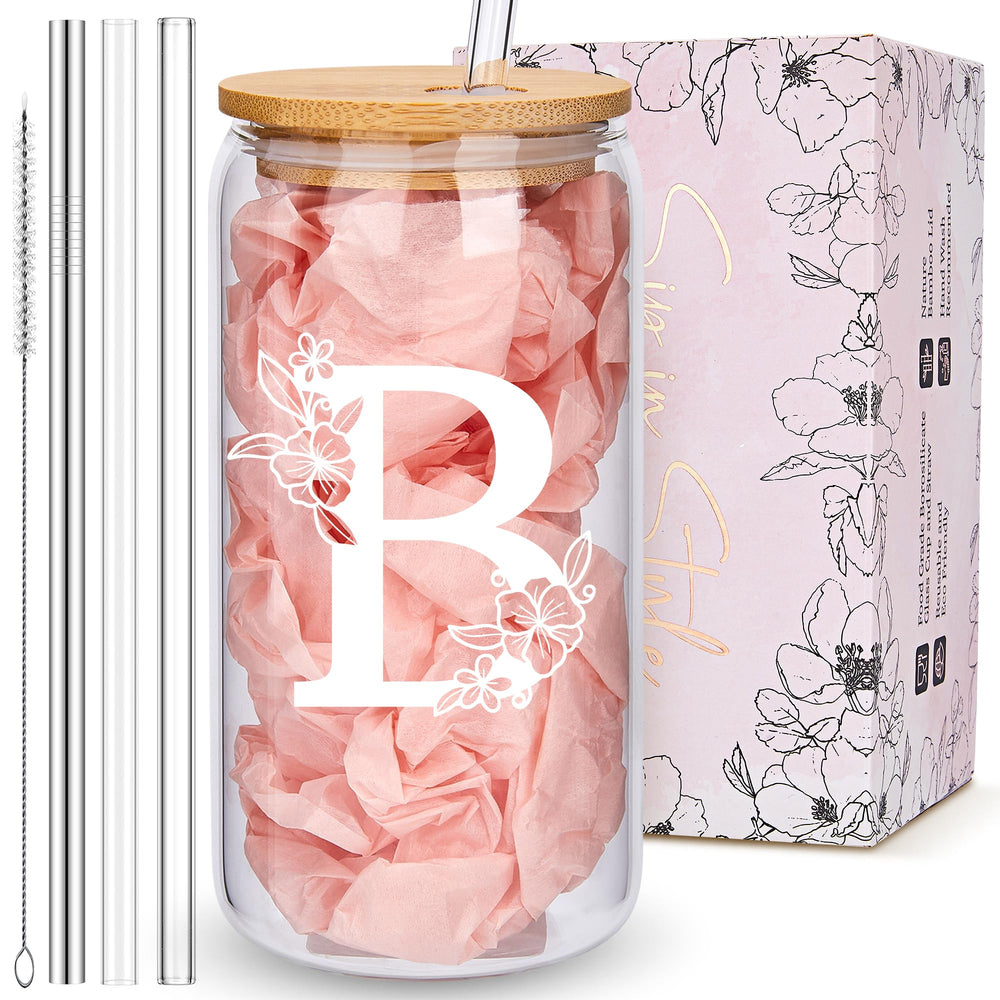 Personalized Tumbler, Monogrammed Can Glass Cups with Bamboo Lids and Straws, Customized Gifts for Women, Cute Design Initial Iced Coffee glasses, Custom Letter Mug, Birthday Bridesmaid, W
