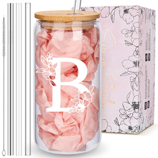 Personalized Tumbler, Monogrammed Can Glass Cups with Bamboo Lids and Straws, Customized Gifts for Women, Cute Design Initial Iced Coffee glasses, Custom Letter Mug, Birthday Bridesmaid, W