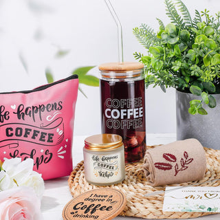 Dandat 5 Pieces Coffee Lovers Gifts Set 20 oz Iced Drink Cups with Lids and Straws Round Cork Coaster, Socks, Makeup Bag, Candle Jar Coffee Gift Basket for Men Women