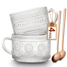 Mfacoy Vintage Coffee Mugs Set of 2, 14 oz Embossed Glass Cups with Handle, Clear Cups for Cappuccino, Latte, Cereal, Yogurt, Milk, Hot or Cold Beverages