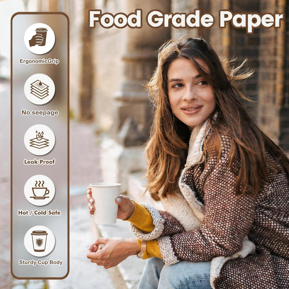 MOUMOULIFE 12 oz Disposable Paper Coffee Cups, 100 Count – Leak-Resistant White Cups for Hot & Cold Drinks, Ideal for Office, Party, Travel, To Go & Daily Use