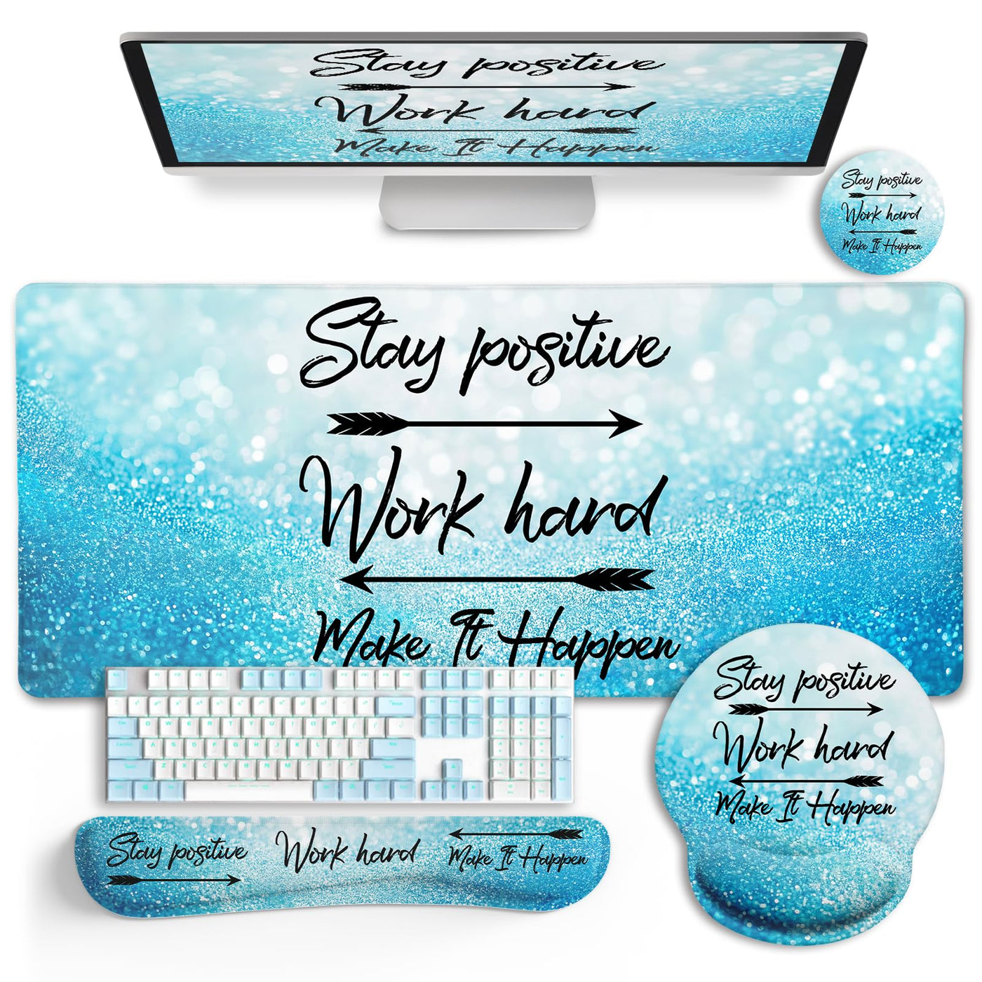 LIMKRIAN Desk Mat Set, Large Gaming Mouse Pad with Wrist Rest, Ergonomic Mouse Pad Keyboard Mat Wrist Support, Cup Coaster, Home Office Desk Accessories Decor Supplies, Funny Black Cat
