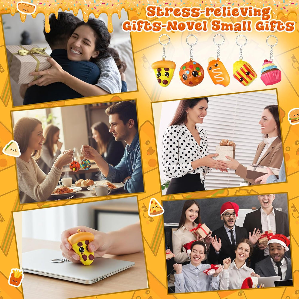 16 Pcs Squeeze Keychains Gifts Bulk, Cute Slow Rise Stress Hamburger Popcorn Taco Ice Cream Pizza Smore Kawaii Food Keychains for Birthday Party Favors