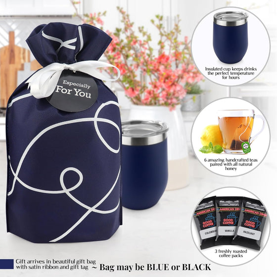 Tea and Coffee Lovers Gift Set - Includes Temperature Retention Cup, 3 Fresh Roasted Full Pot Ground-Coffee Samplers, 6 Special Blend Teabags & Honey Presented in Beautiful Gift Bag For Women & Men - hover image