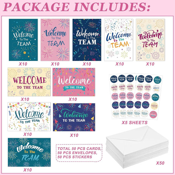 Motiskyy 50 Pcs Welcome to the Team Cards Bulk with Envelopes Stickers 4 x 6 Inch Work Blank Inside Welcome Cards for New Employees Hire Welcome Gifts - hover image