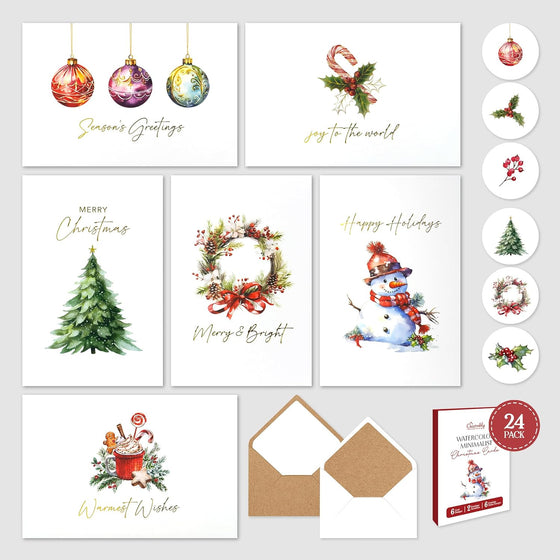Decorably 24 Pack Gold Foiled 6x4in Minimalist Watercolor Boxed Christmas Cards with Envelopes and Stickers, 6 Holiday Designs Seasons Greetings for Loved Ones with Printed Message, Gifting, Mailing