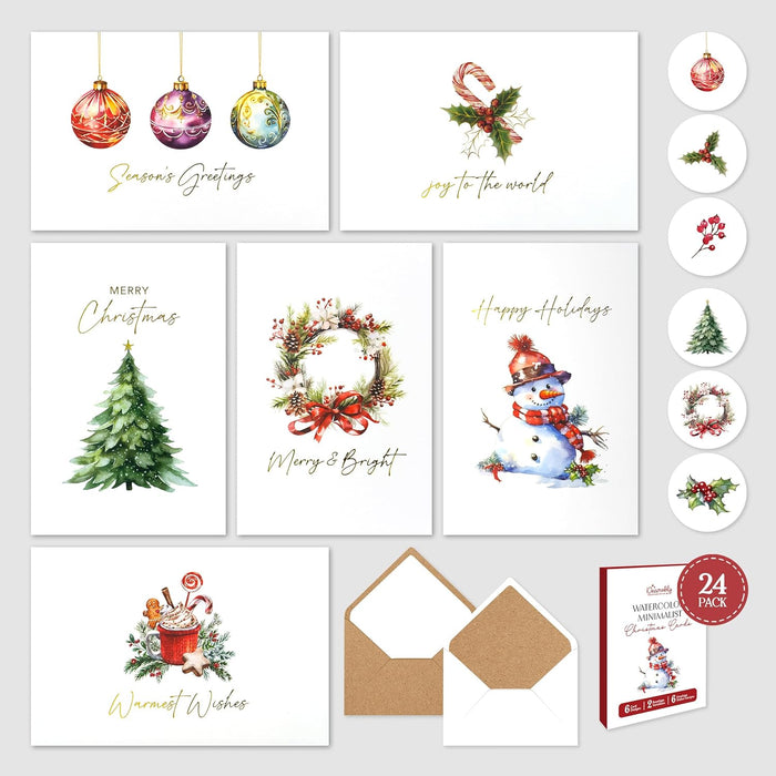 Decorably 24 Pack Gold Foiled 6x4in Minimalist Watercolor Boxed Christmas Cards with Envelopes and Stickers, 6 Holiday Designs Seasons Greetings for Loved Ones with Printed Message, Gifting, Mailing