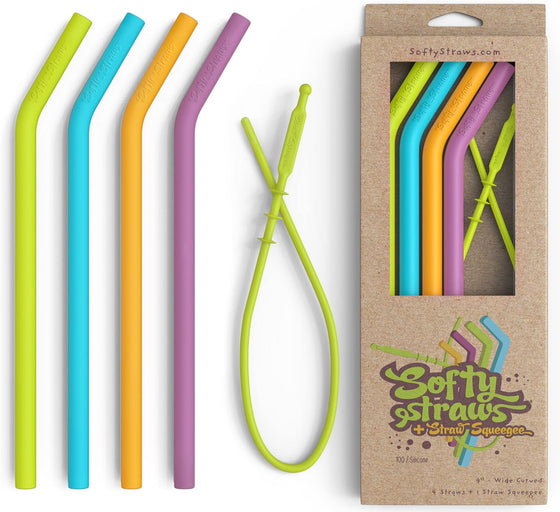Softy Straws Wide Premium Reusable Silicone Drinking Straws + Patented Straw Squeegee - 9” Long With Curved Bend for 20 30 32 oz Tumblers Non Rubber, Flexible, Safe for Kids/Toddlers, Smoothie
