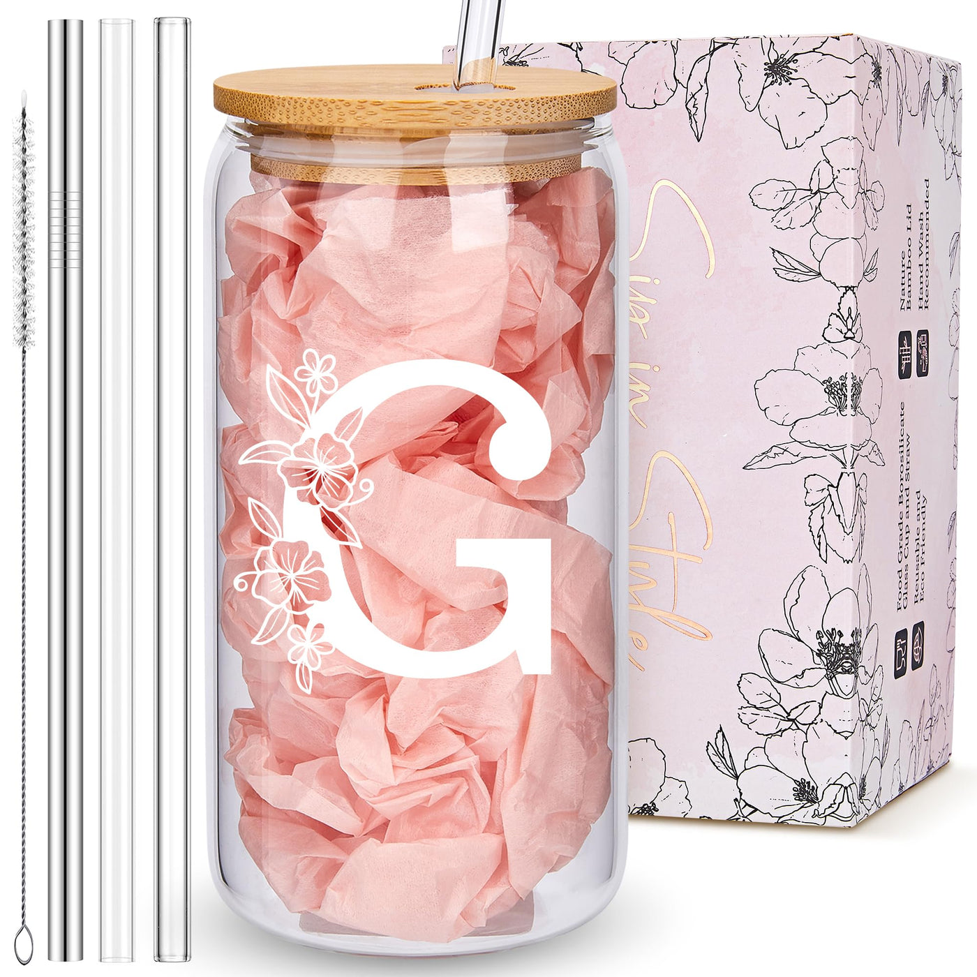 Personalized Tumbler, Monogrammed Can Glass Cups with Bamboo Lids and Straws, Customized Gifts for Women, Cute Design Initial Iced Coffee glasses, Custom Letter Mug, Birthday Bridesmaid, W
