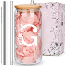 Personalized Tumbler, Monogrammed Can Glass Cups with Bamboo Lids and Straws, Customized Gifts for Women, Cute Design Initial Iced Coffee glasses, Custom Letter Mug, Birthday Bridesmaid, W