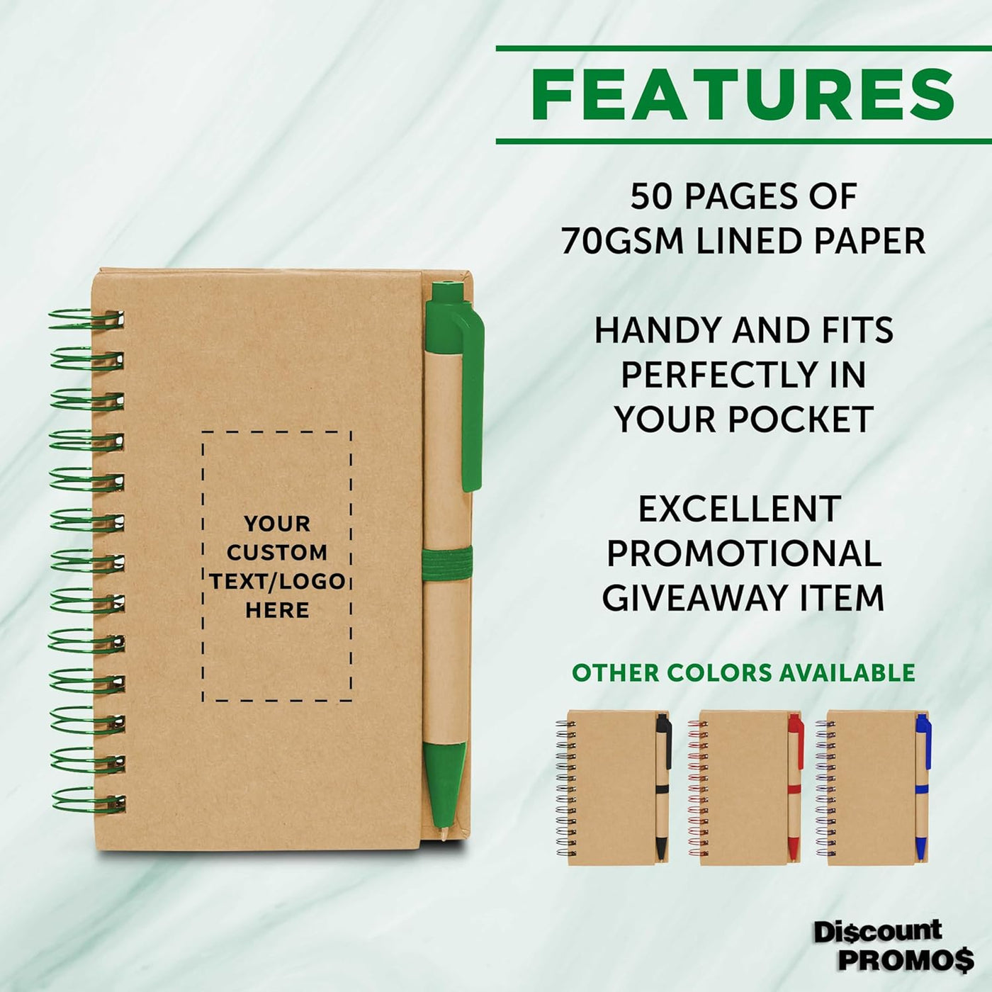 DISCOUNT PROMOS Custom Mini Spiral Notebooks with Black Ink Pens Set of 10/50/100, Personalized Bulk Pack - Perfect for School, Office, Business, Home - Green