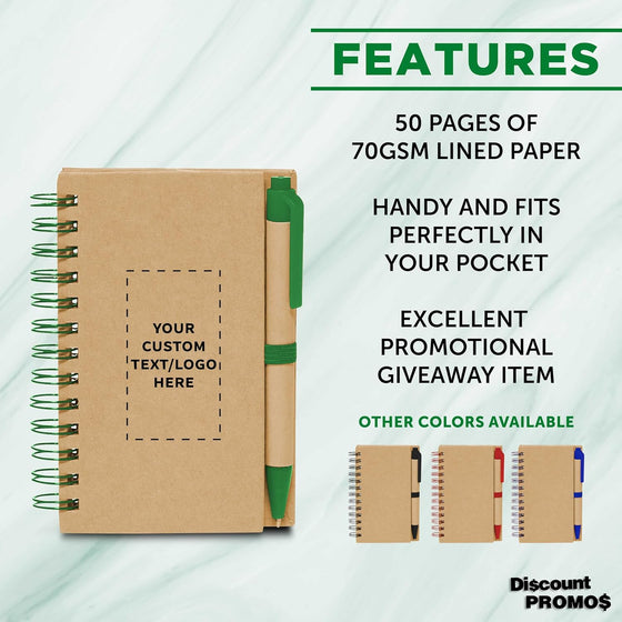 DISCOUNT PROMOS Custom Mini Spiral Notebooks with Black Ink Pens Set of 10/50/100, Personalized Bulk Pack - Perfect for School, Office, Business, Home - Green - hover image