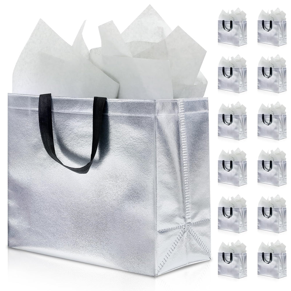KeerxunBag 12Pcs Reusable Gift Bags（Includes Tissue Paper） Gift bag with handle Birthdays Parties Holidays Weddings Medium 13x5x11in colorful Gift Bags