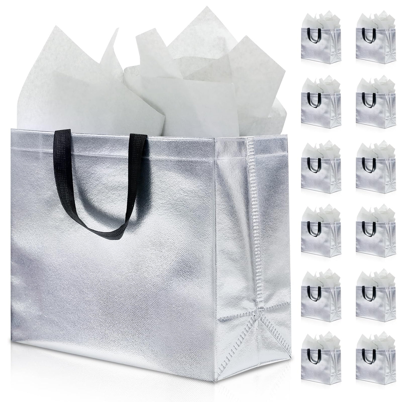 KeerxunBag 12Pcs Reusable Gift Bags（Includes Tissue Paper） Gift bag with handle Birthdays Parties Holidays Weddings Medium 13x5x11in colorful Gift Bags