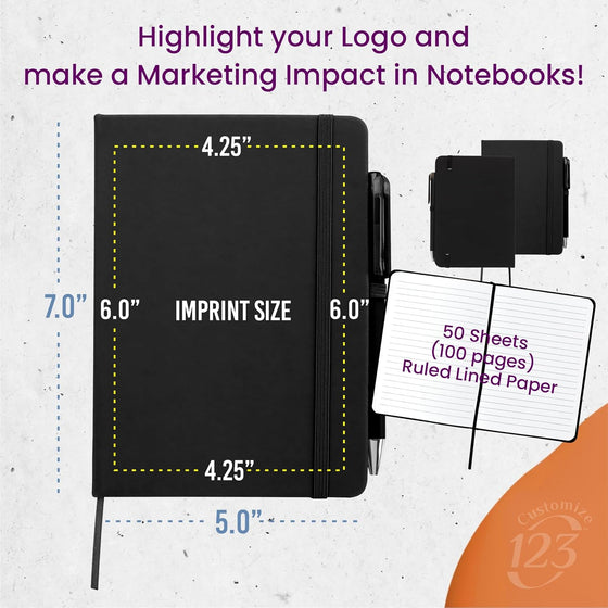 Personalized Notebook Journal – 5” x 7” Customized Notebook with Name, Text or Logo - 100 Page Custom Journal. Leatherette Hardcover & Pen - Black 1 Pack - hover image