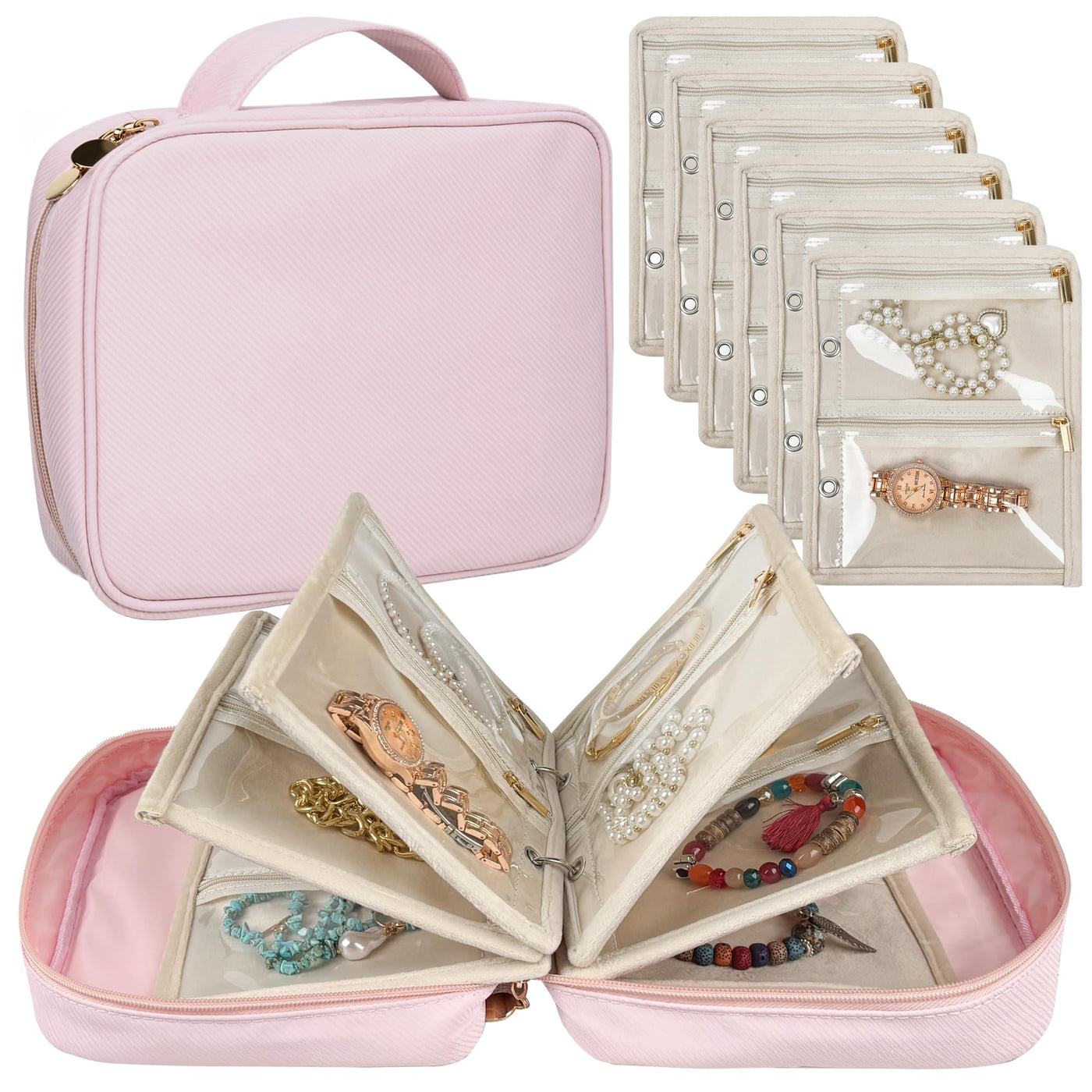Travel Jewelry Organizer Case,Jewelry Bags for Traveling, Jewelry Binder with 24 Pcs Clear Zipper Velvet Pouches for Storing Earrings, Rings, Necklace, Bracelet, Watch (Beige)