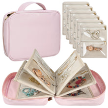 Travel Jewelry Organizer Case,Jewelry Bags for Traveling, Jewelry Binder with 24 Pcs Clear Zipper Velvet Pouches for Storing Earrings, Rings, Necklace, Bracelet, Watch (Beige)