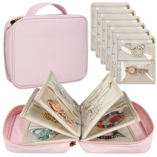 Travel Jewelry Organizer Case,Jewelry Bags for Traveling, Jewelry Binder with 24 Pcs Clear Zipper Velvet Pouches for Storing Earrings, Rings, Necklace, Bracelet, Watch (Beige)
